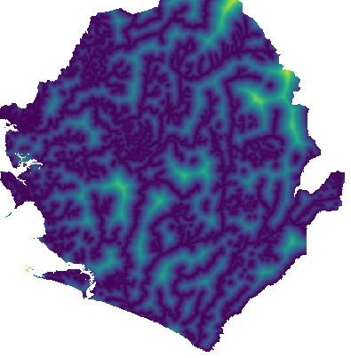 Exemple of Euclidean measurement: Distance to waterways in Sierra Leone