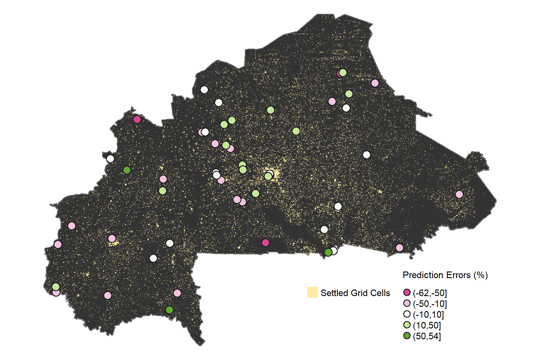 Spatial distribution of the relative prediction errors. Dots shows the location of the selected EAs. The colours show the ranges of predictive errors. Settled pixels are shown in yellow.